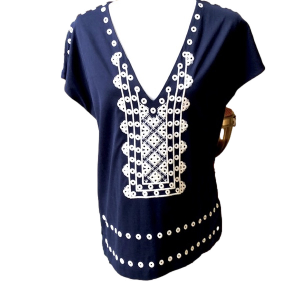 J CREW Navy Blue V-Neck Cap Sleeve Blouse Cream Embroidery Women’s Small New NWT